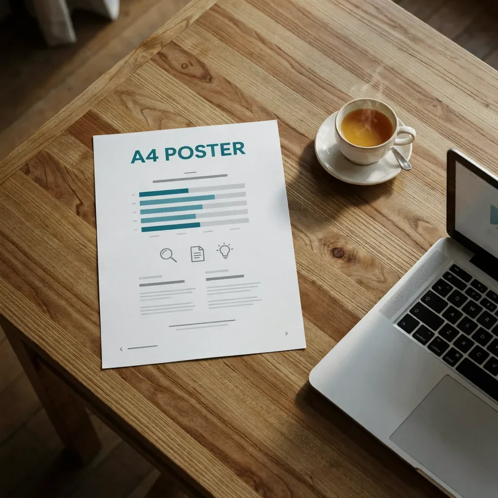 A4 poster printing - printed A4 academic infographic poster on a desk