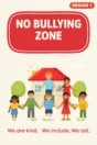 Anti-bullying poster Design 1 – No Bullying Zone, we are kind, we include, we tell, for primary schools