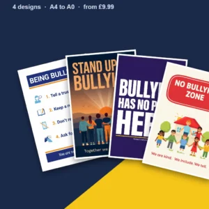 Anti-bullying poster collection – four printed designs for UK schools, A4 to A0