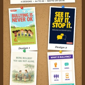 Bullying posters for schools – four printed bullying poster designs pinned on a cork board