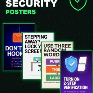 Cyber security posters for offices and schools – four printed cyber security poster designs, A4 to A0