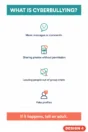 Cyberbullying poster Design 4 – What is cyberbullying? Mean messages, sharing photos without permission, leaving people out of group chats, fake profiles