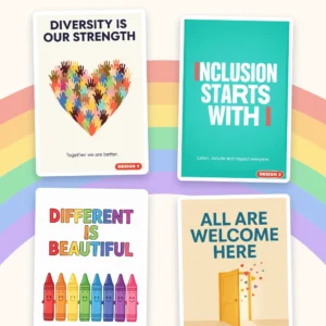 Diversity and inclusion posters for schools and workplaces – four printed diversity poster designs, A4 to A0