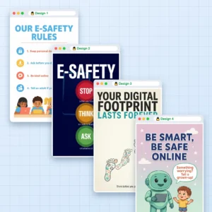 E-safety posters for schools – four printed e-safety poster designs, A4 to A0