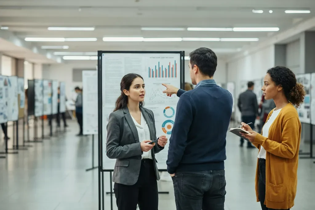 Researcher presenting an academic poster to visitors at a conference poster session