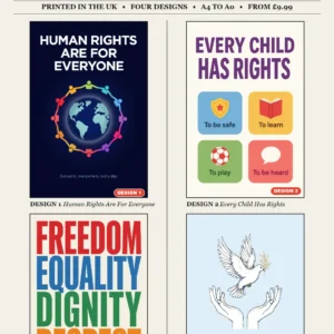 Human rights posters for schools and workplaces – four printed human rights poster designs, A4 to A0