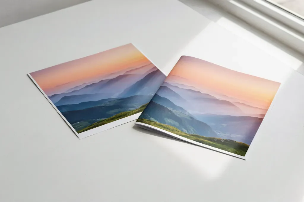 Matte and satin poster paper samples side by side showing the difference in sheen