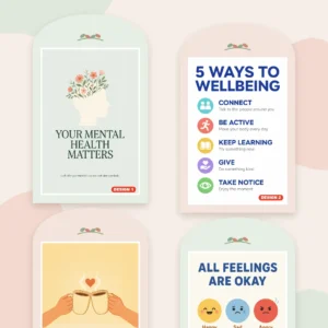 Mental health awareness posters for schools and workplaces – four printed mental health poster designs, A4 to A0