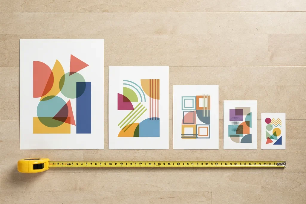 Poster size guide showing A0, A1, A2, A3 and A4 posters side by side with a tape measure