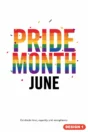 Pride Month poster Design 1 – Pride Month, June, rainbow lettering: celebrate love, equality and acceptance