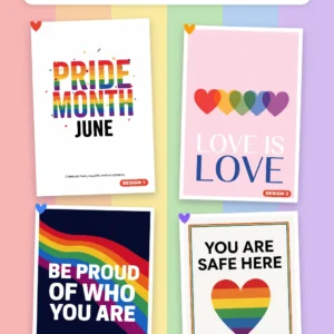 Pride Month posters for schools and workplaces – four printed Pride poster designs, A4 to A0