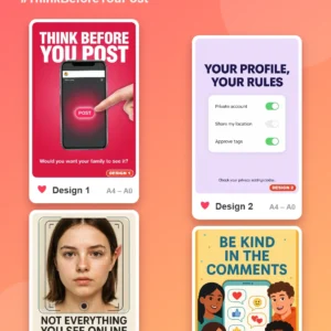 Social media safety posters for schools – four printed social media safety poster designs, A4 to A0