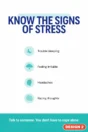 Stress awareness poster Design 2 – Know the signs of stress: trouble sleeping, feeling irritable, headaches, racing thoughts